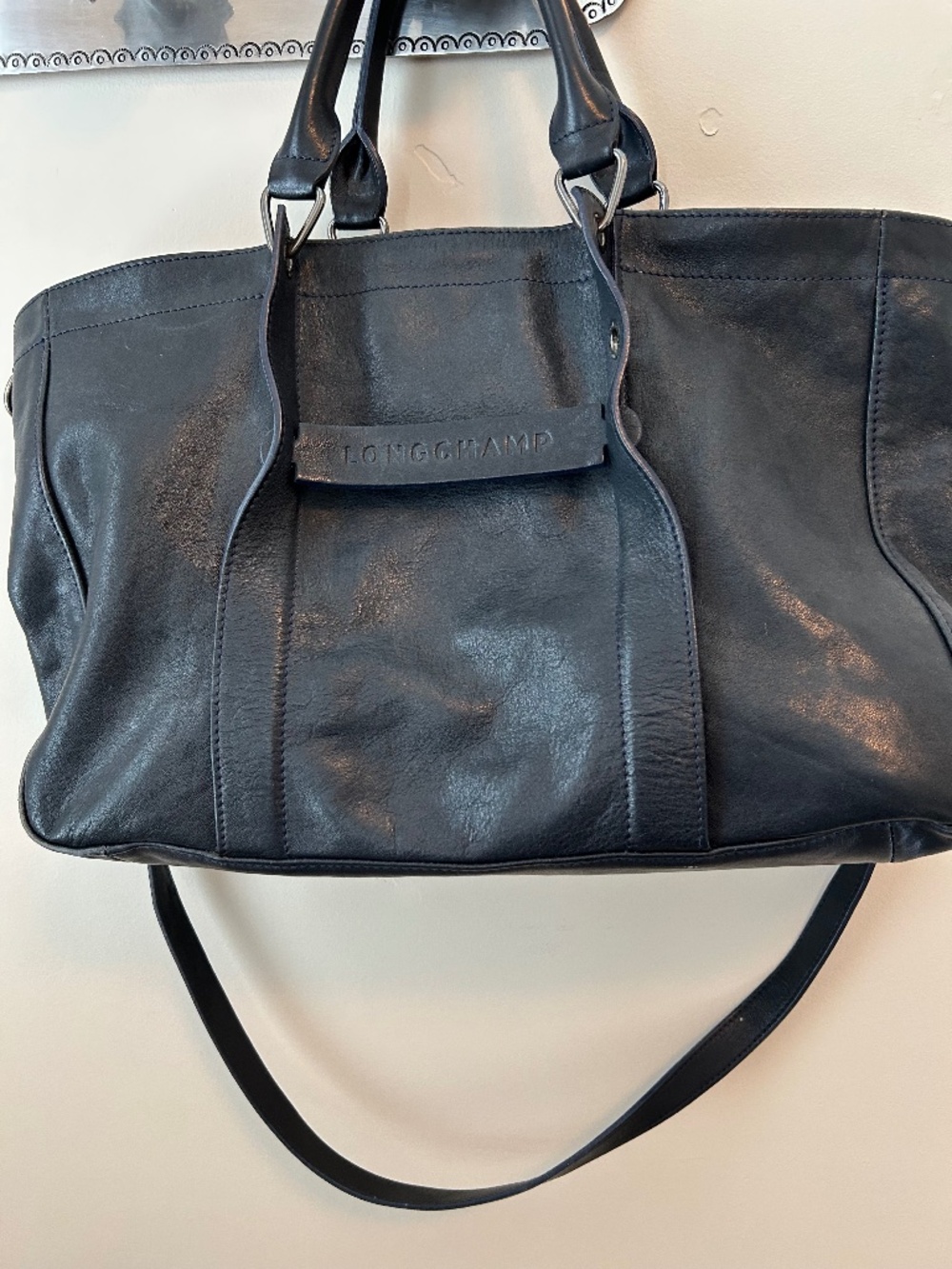 Longchamp large black leather bag with handles and shoulder strap